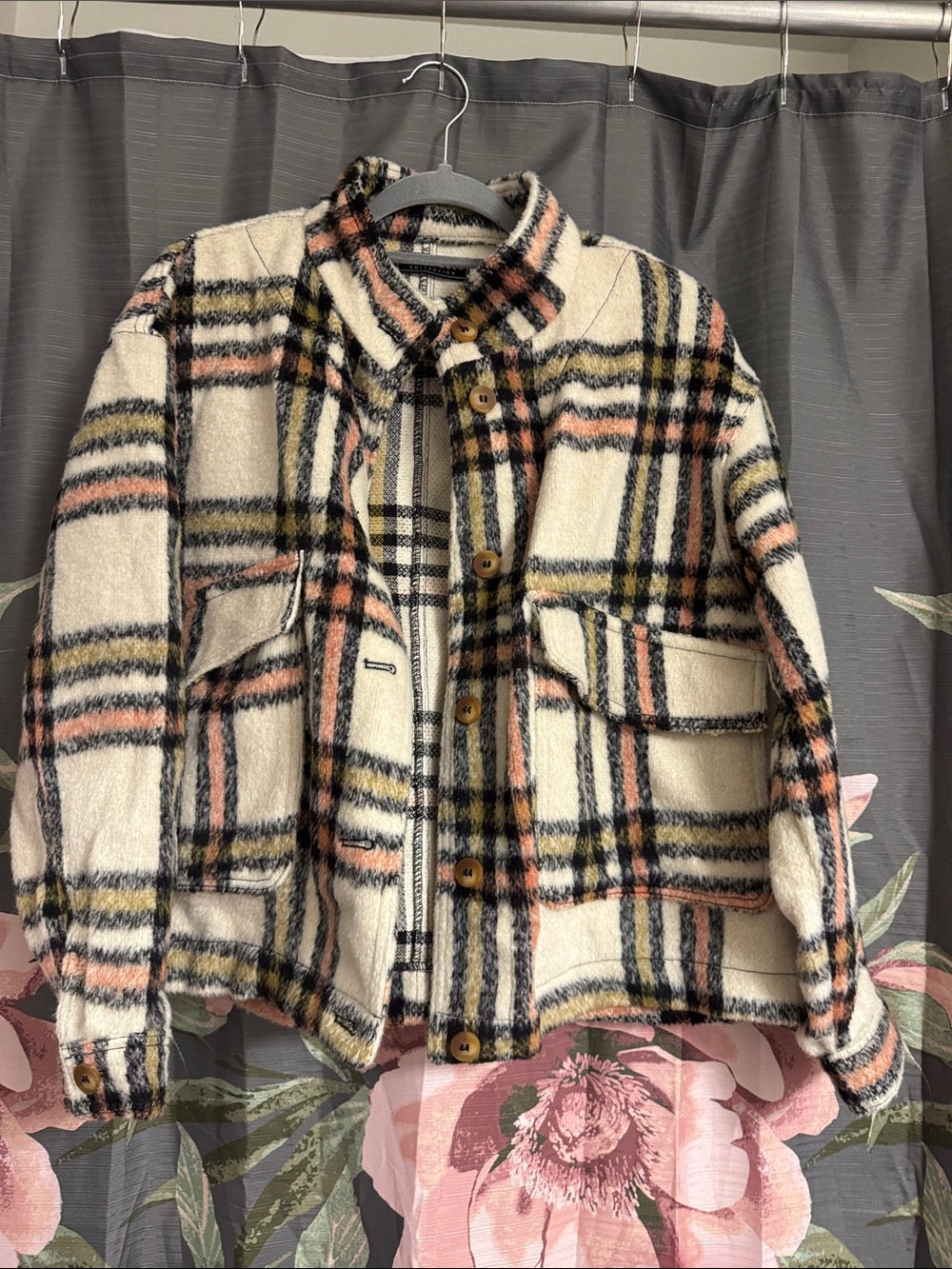 Baggallini Cream Plaid Teddy Jacket with Pink and Black Stripes